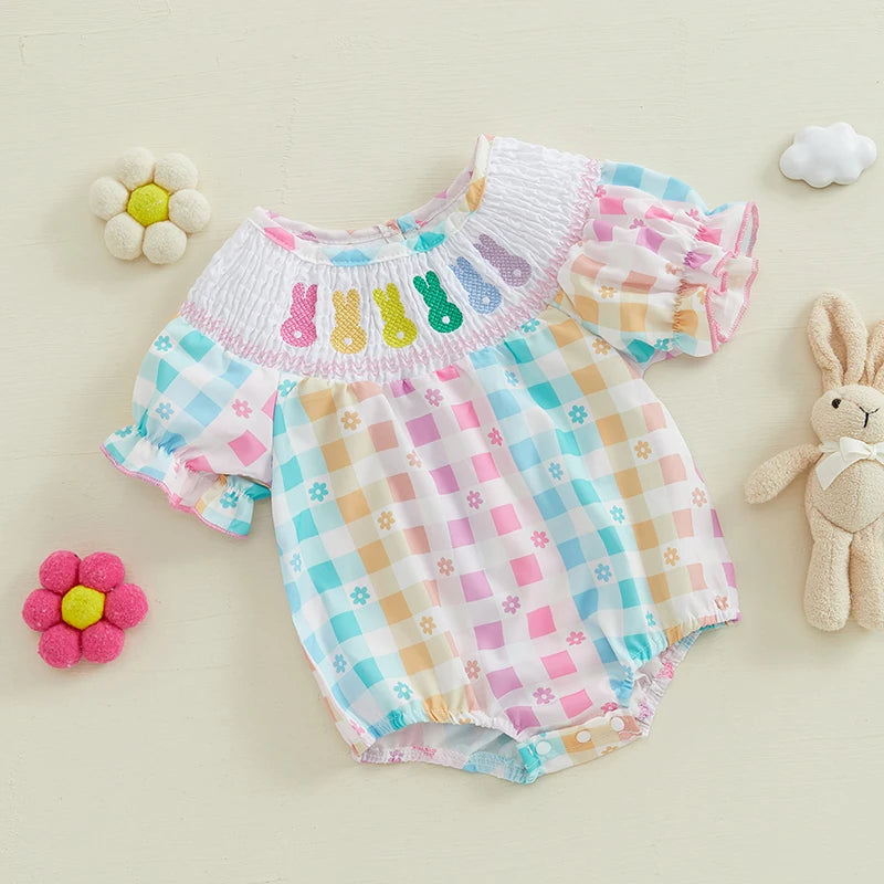 Girl's Smocked Floral Embroidered Easter Bunny Rompers