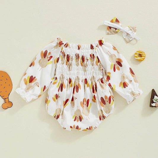 Thanksgiving ! Girl's Turkey Romper & Bow Headband Sets