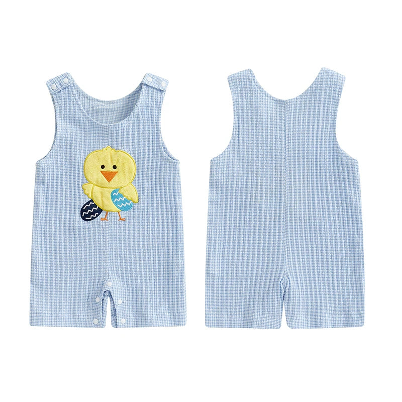 Boy's Easter Chick Egg Embroidered Plaid Sleeveless Overall Jumpsuits