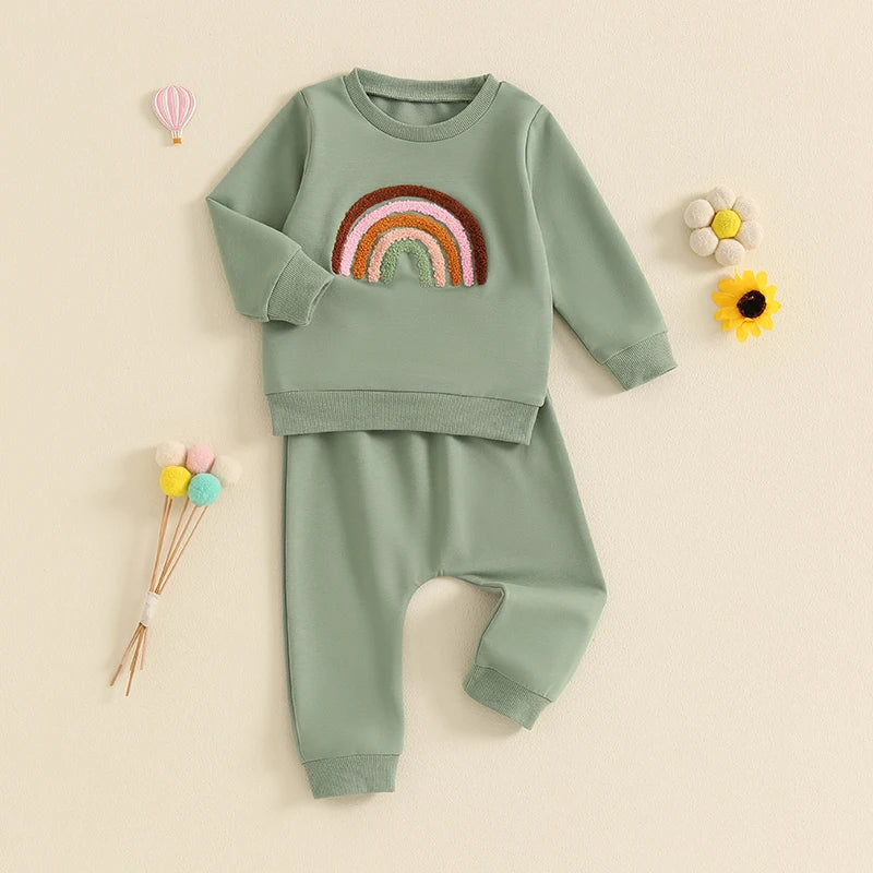 Girl's Embroidered Rainbow Sweatshirt & Pants Sets