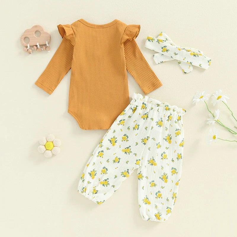 Girl's Floral or Strawberry Print Onesies, Pants & Bow Headband Sets