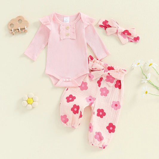 Girl's Floral or Strawberry Print Onesies, Pants & Bow Headband Sets