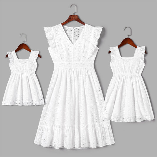 Mommy & Me! Hollow-Out Embroidered Ruffle Dresses