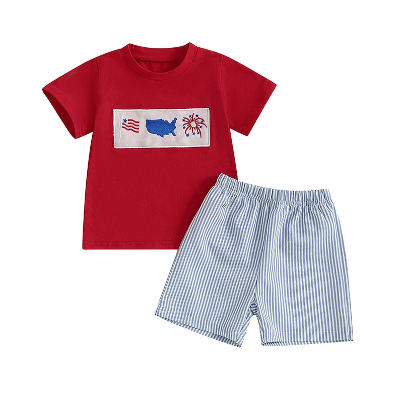 Boy's 2-Piece Embroidered 4th of July T-Shirts & Striped Shorts Sets