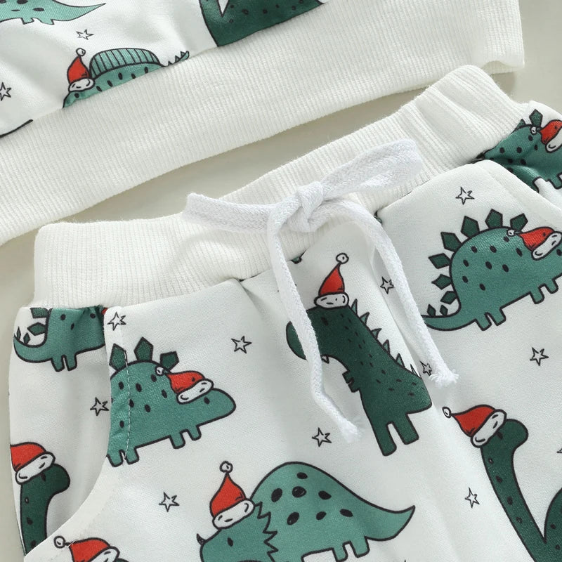 Boy's 2-Piece Christmas Dinosaur Santa Sweatshirt & Pants Sets