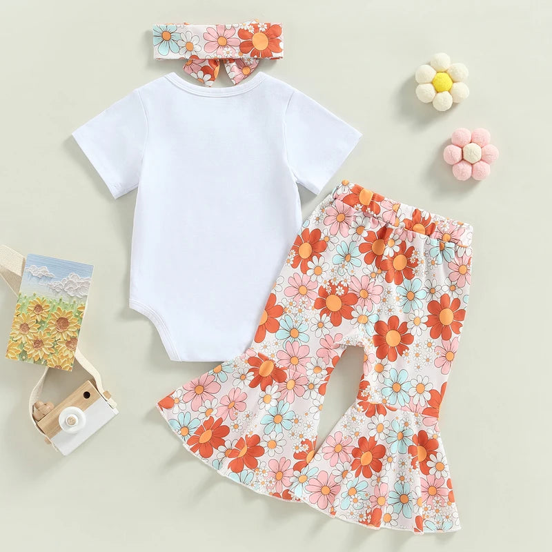 Girl's Floral "Groovie One" Onesie, Flared Pants & Bow Headband Sets