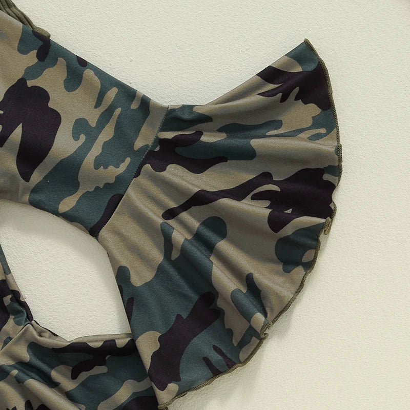 Girl's Ruffled Onesie, Camo Pants & Bow Headband Sets