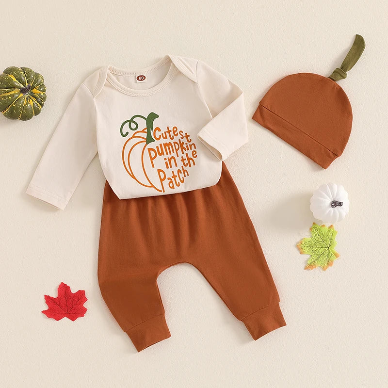 Boy's & Girl's "Cutest Pumpkin in the Patch" 3-Piece Halloween Outfit Sets with Romper, Pants, and Hat