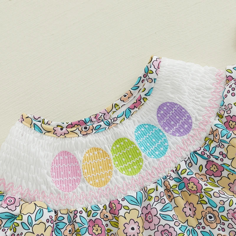 Girl's Smocked Floral Embroidered Easter Bunny Rompers