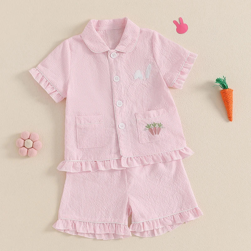 Girl's 2-Piece Plaid Embroidered Easter Bunny & Carrots Ruffled Pajamas