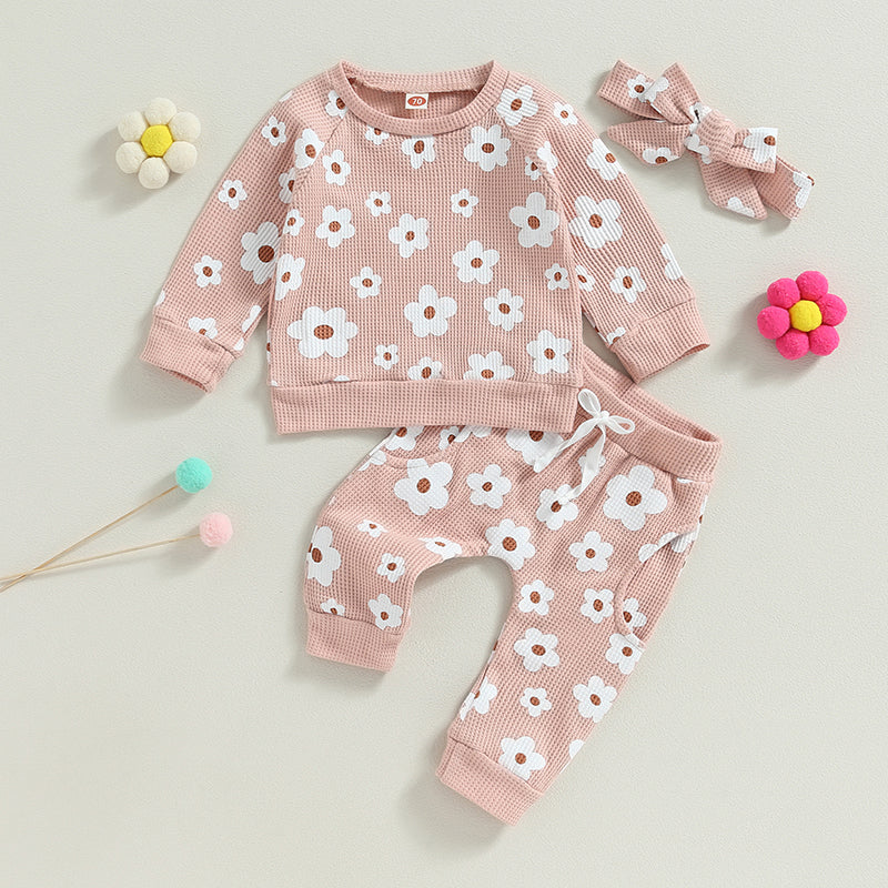Girl’s 2-Piece Flower Sweatshirt, Pants& Bow Headband Sets