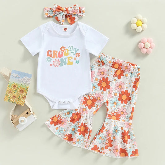 Girl's Floral "Groovie One" Onesie, Flared Pants & Bow Headband Sets