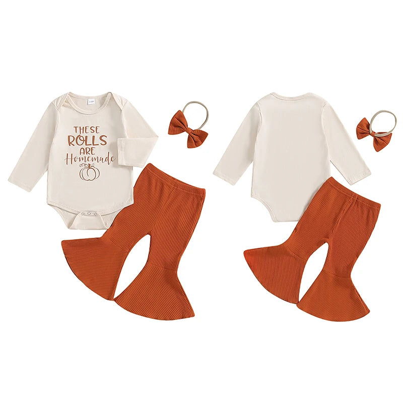 Girl's 3-Piece Thanksgiving "These Rolls Are Homemade" Onesie, Pants & Bow Headband Sets