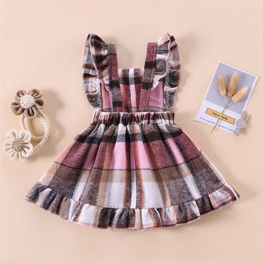 Girl's Plaid Ruffled Bib Overall Dresses