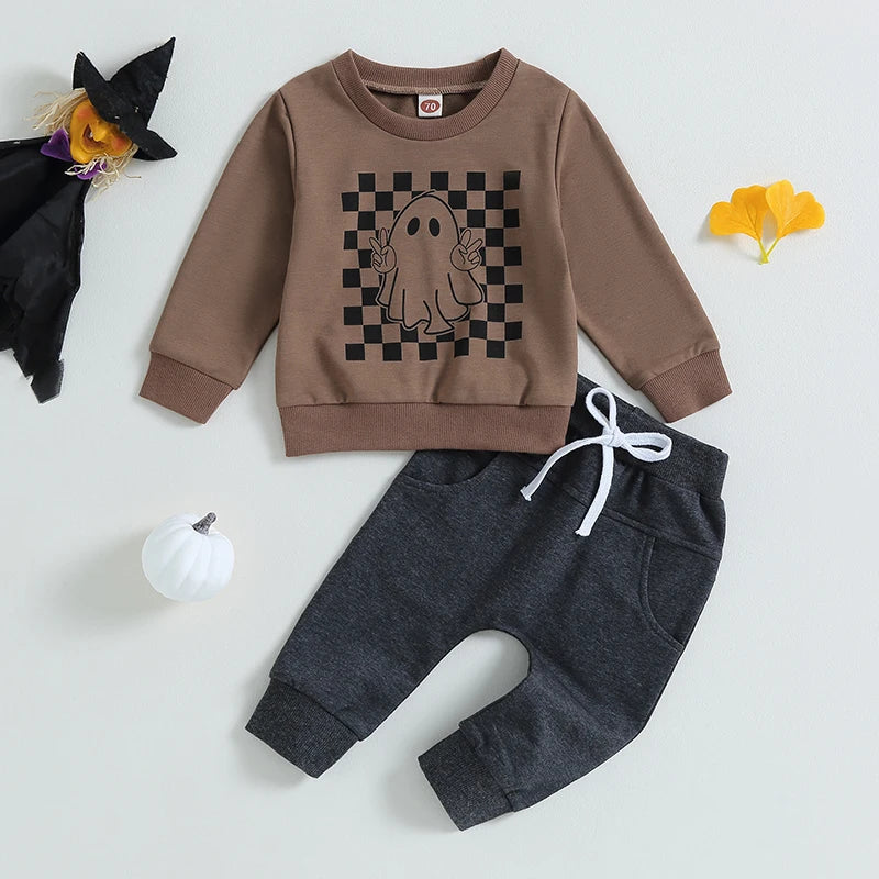 Boy's 2-Piece Halloween Ghost Checkerboard Sweatshirt & Pants Sets