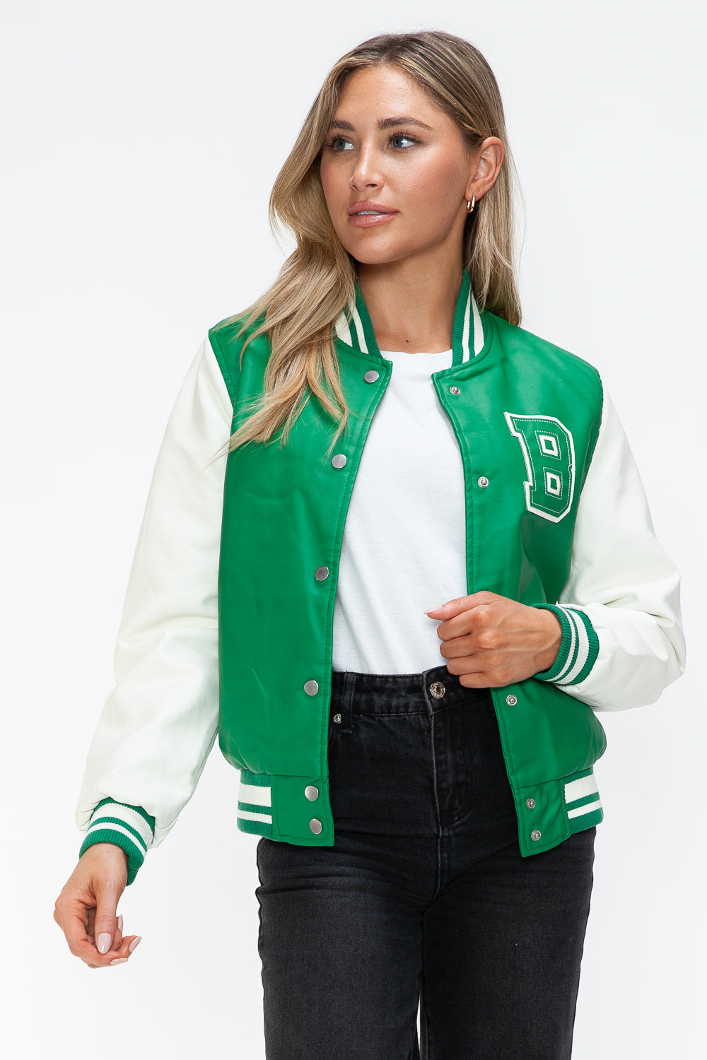 PU Leather Contrast Snap Down Bomber Jacket