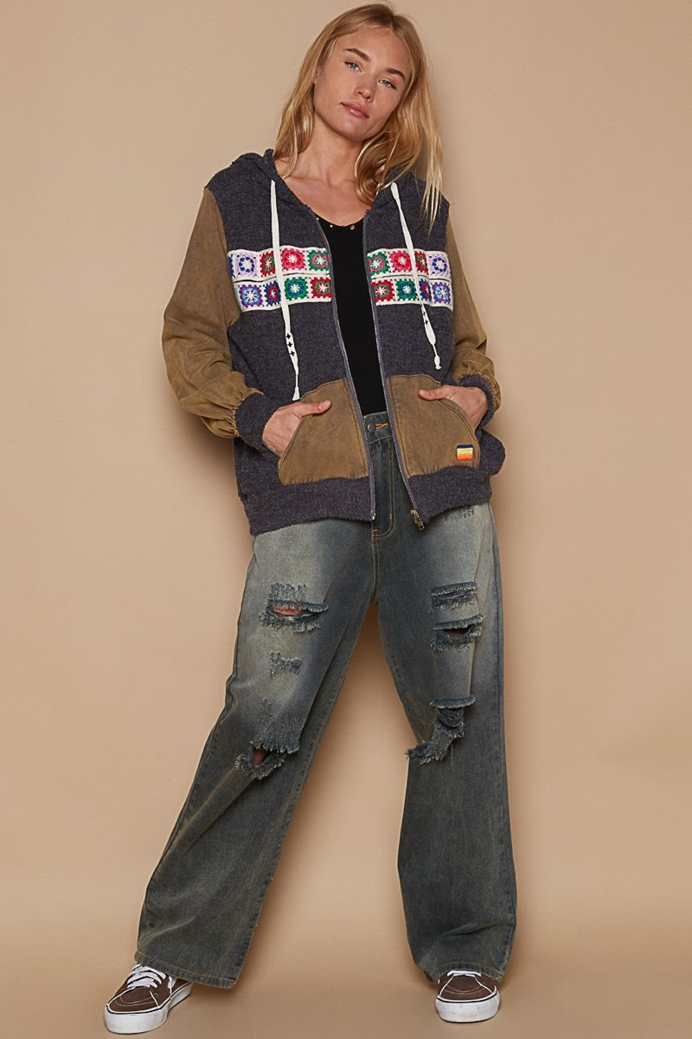 Contrast Square Patch Hooded Zipper Jacket