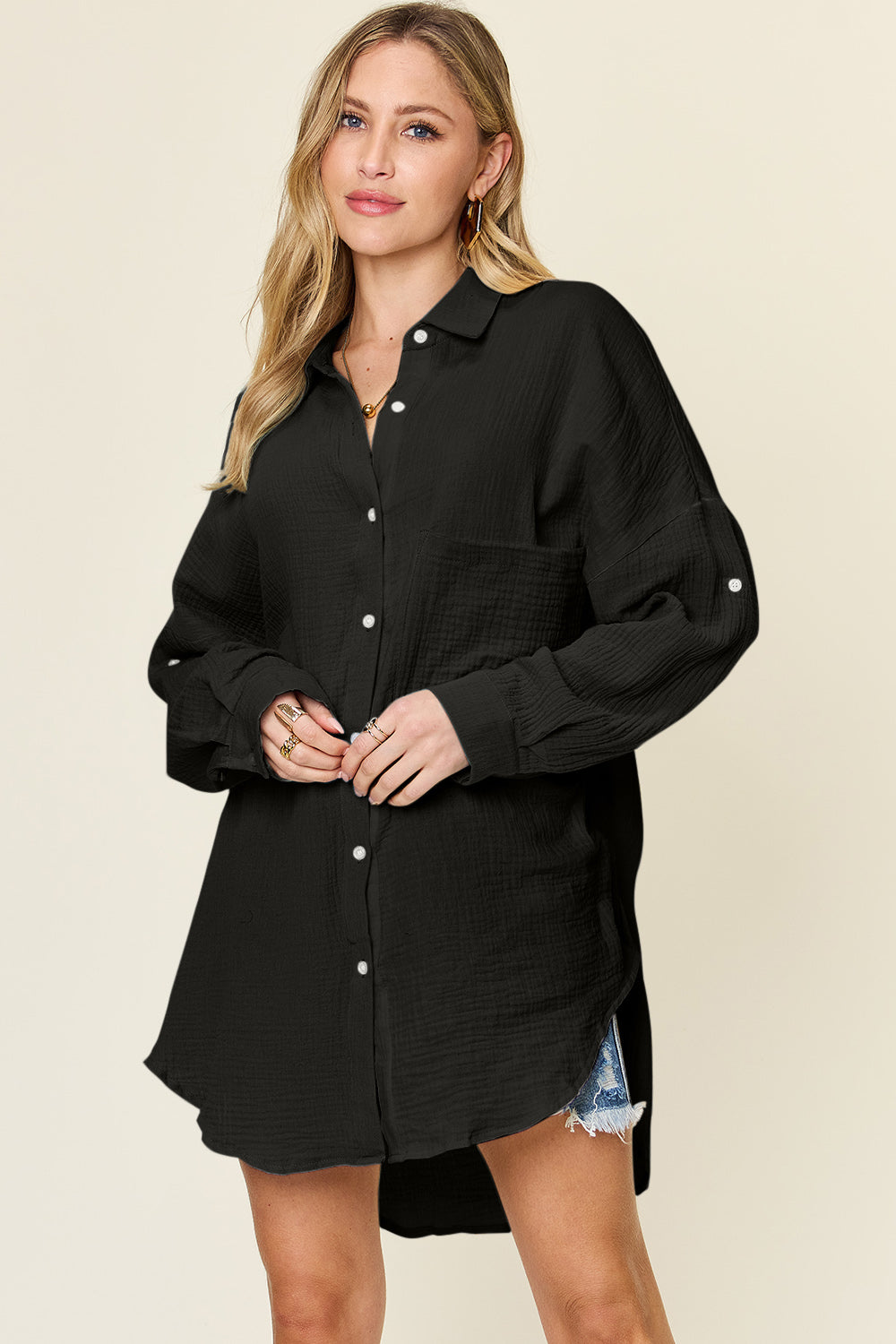 Pocketed Textured Button Up Shirt