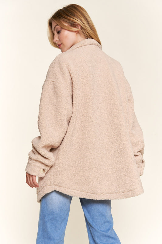 Teddy Sherpa Button Down Curved Hem "Shacket" Shirt Jacket
