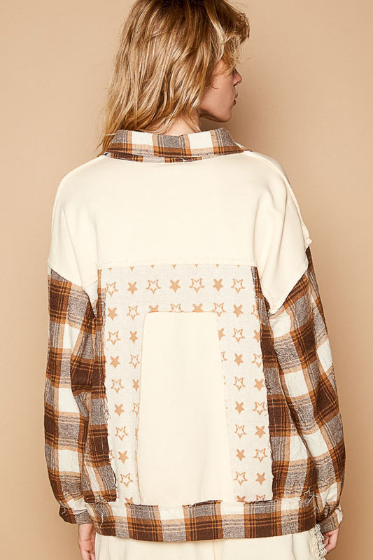 Plaid & Star Patchwork Contrast Long Sleeve"Shacket" Shirt Jacket