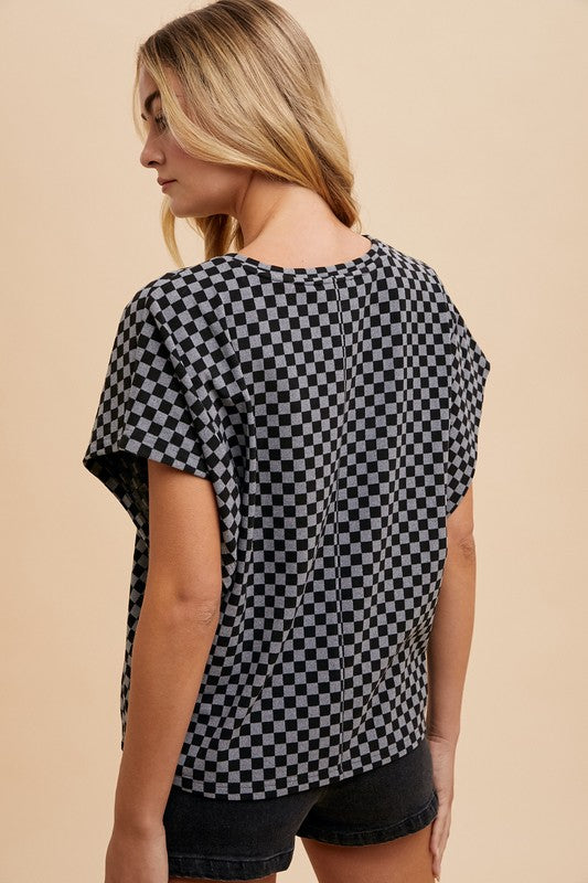 Checkered Round Neck Short Sleeve T-Shirt