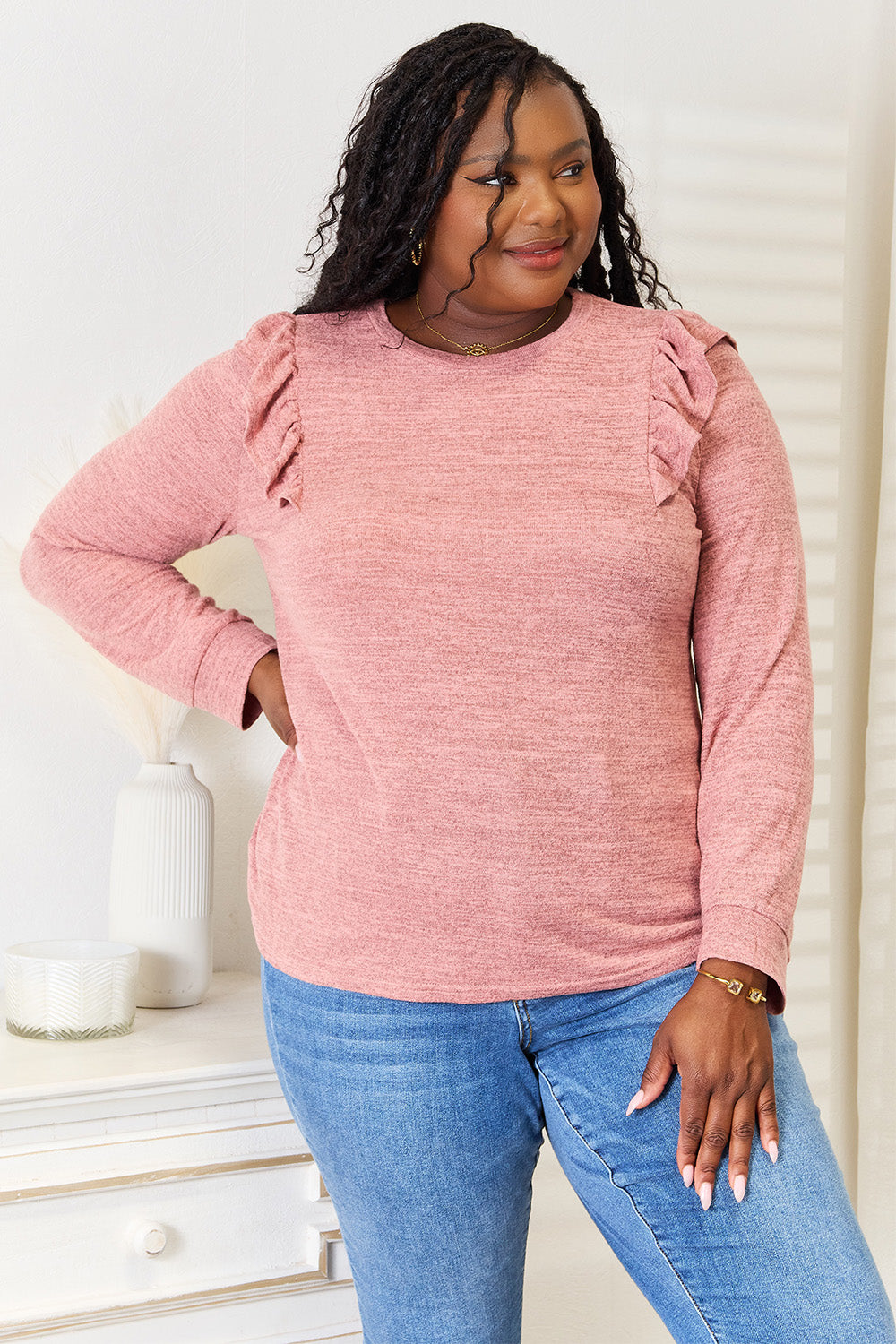 Ruffle Shoulder Long Sleeve Tops