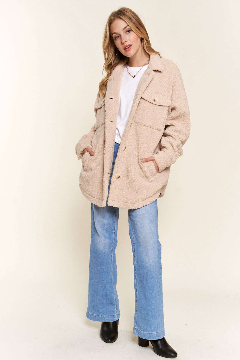 Teddy Sherpa Button Down Curved Hem "Shacket" Shirt Jacket