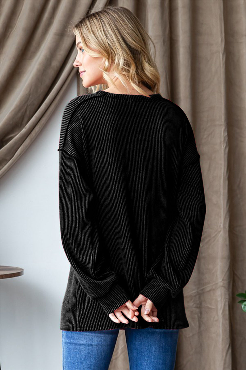 Ribbed Exposed Seam Long Sleeve Tops