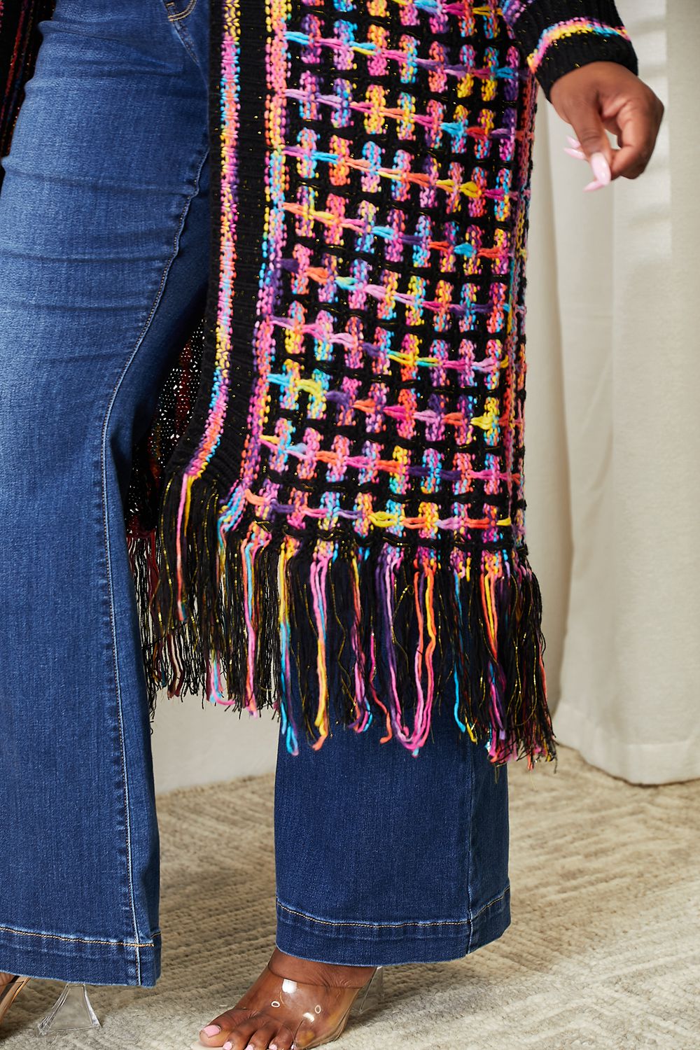 Multicolor Open Front Fringe Hem Cardigan