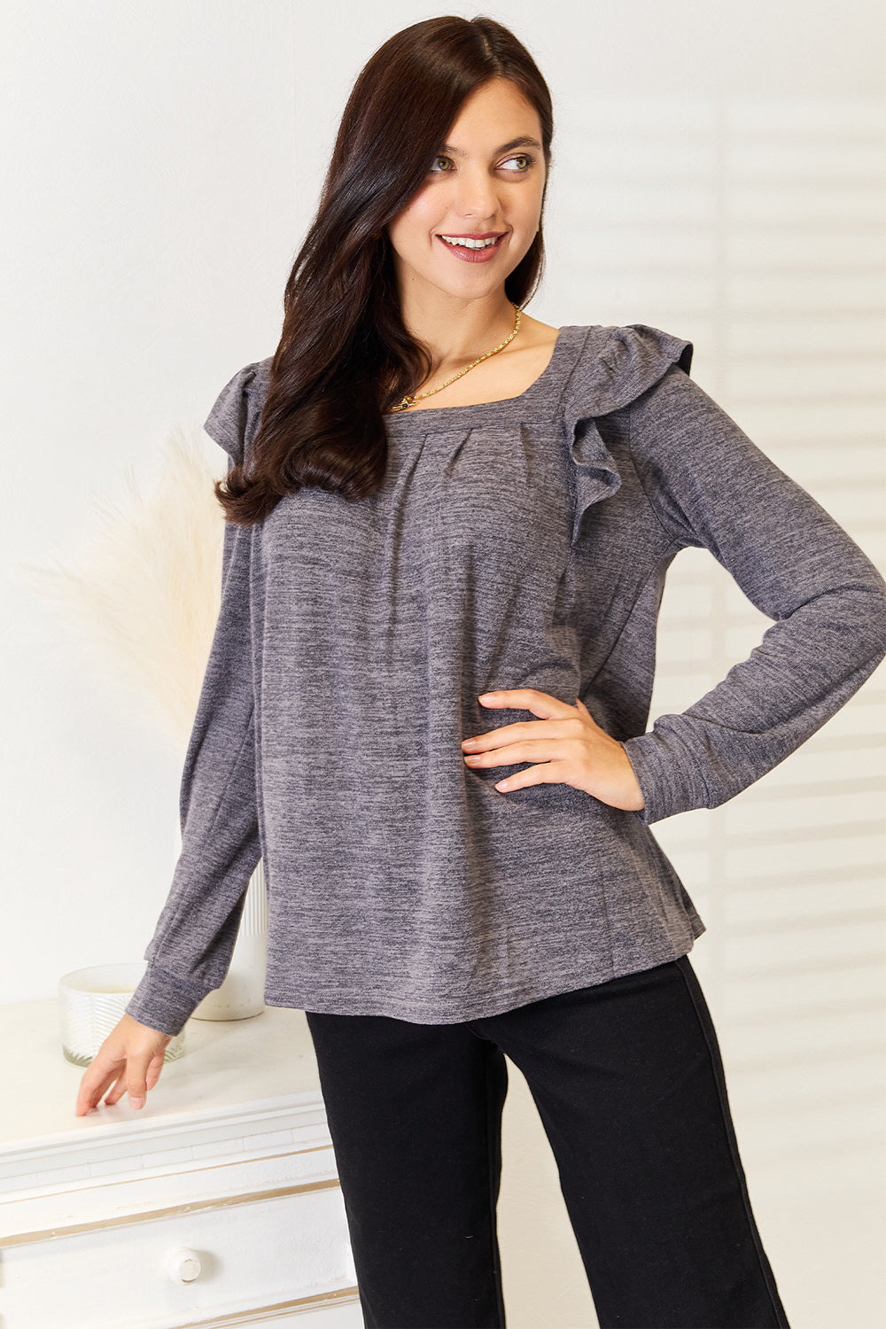 Square Neck Ruffle Shoulder Long Sleeve Tops