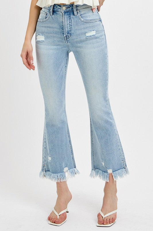 Raw Hem Distressed Cropped Flare Jeans Plus-Size