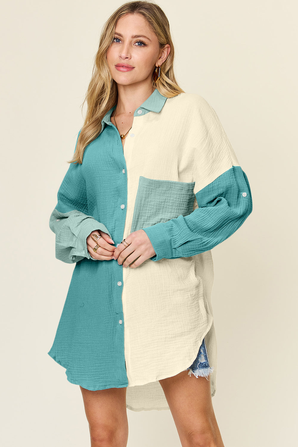 Pocketed Textured Button Up Shirt