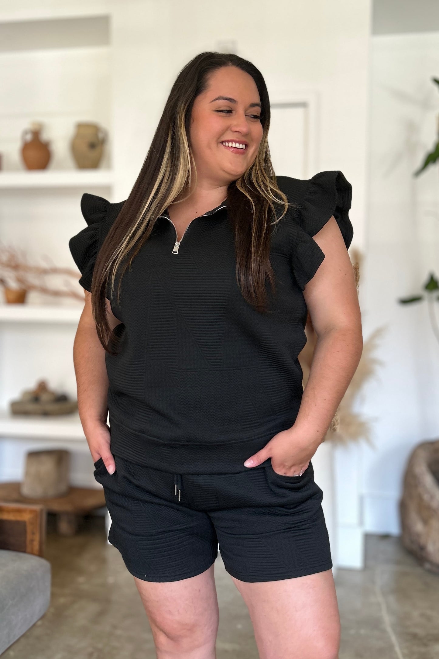 Textured Flounce Sleeve Top and Shorts Set