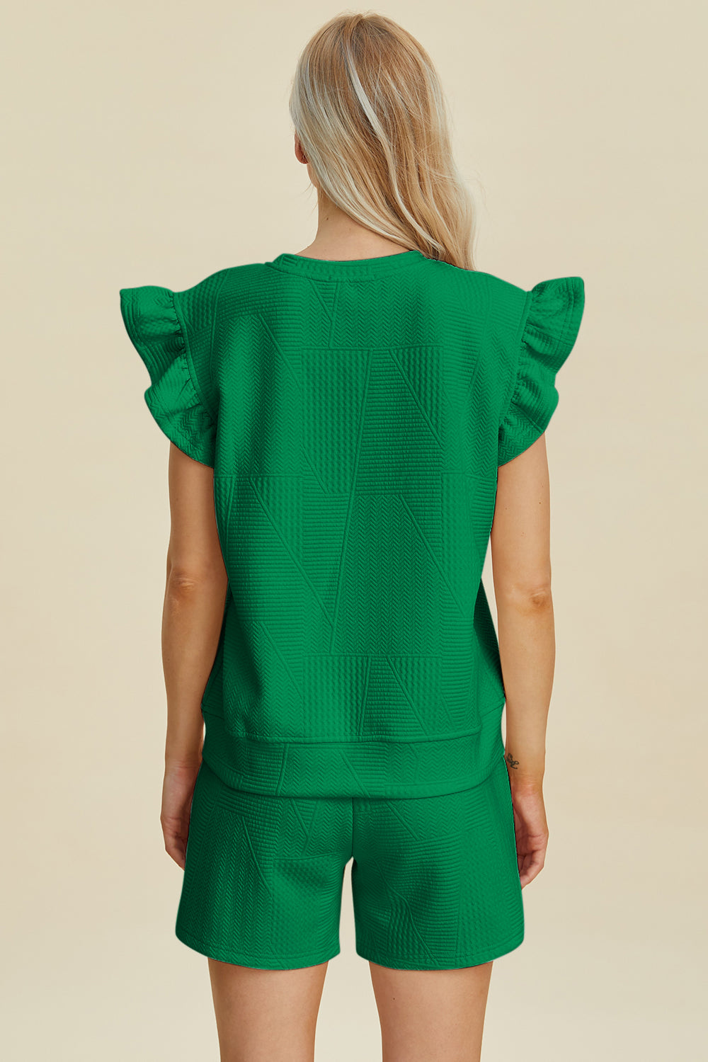 Textured Round Neck Ruffle Sleeve Top and Shorts Set