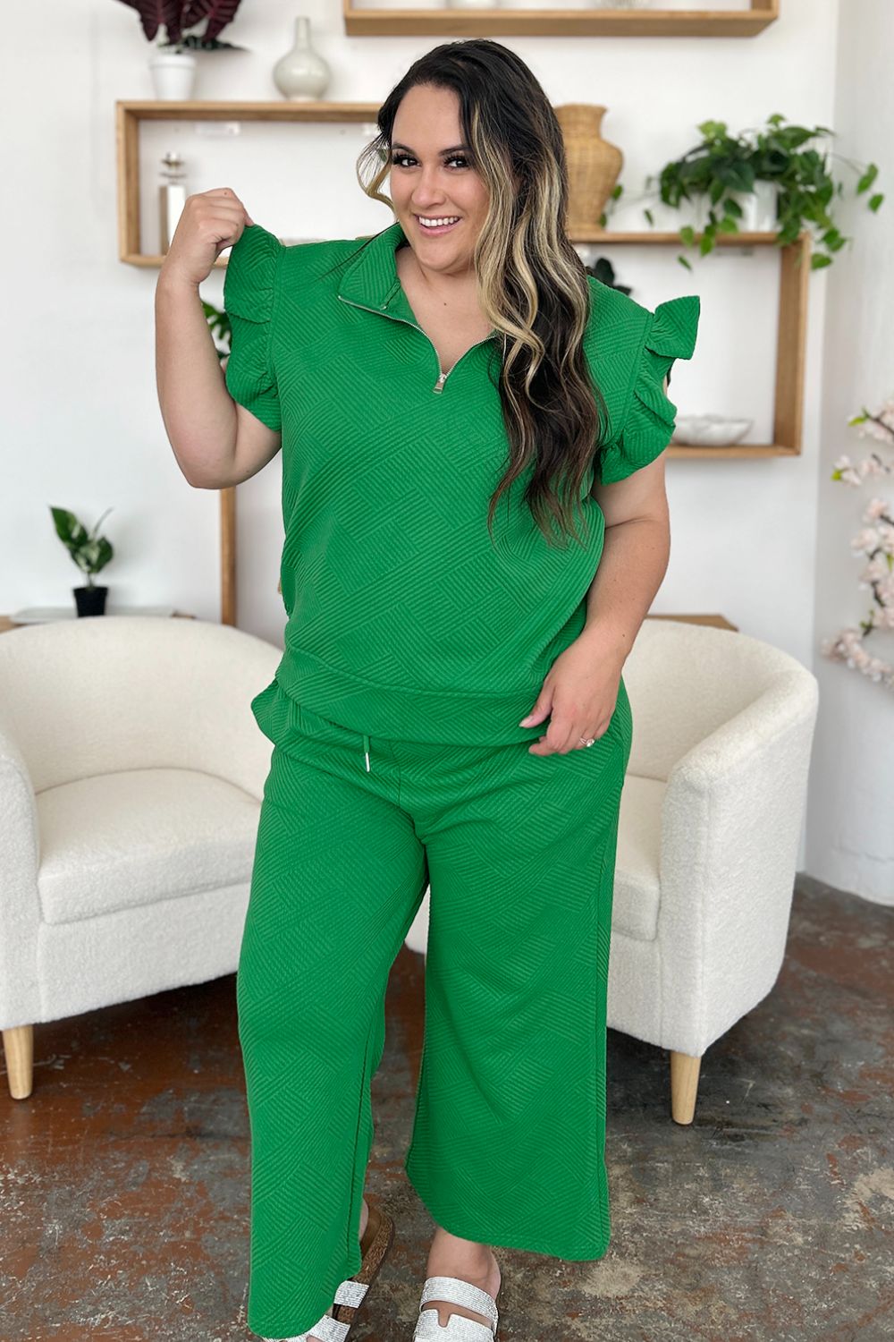 Textured Ruffle Short Sleeve Top and Drawstring Wide Leg Pants Set