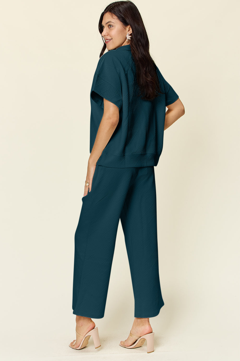 Textured Half Zip Short Sleeve Top and Pants Set
