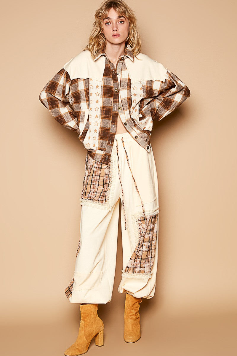Plaid & Star Patchwork Contrast Long Sleeve"Shacket" Shirt Jacket