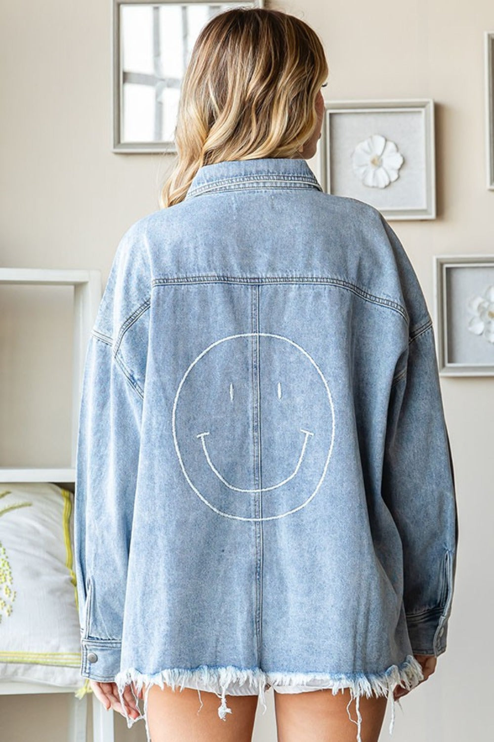 Button Down Raw Hem Denim Jacket with Smiley Face Back
