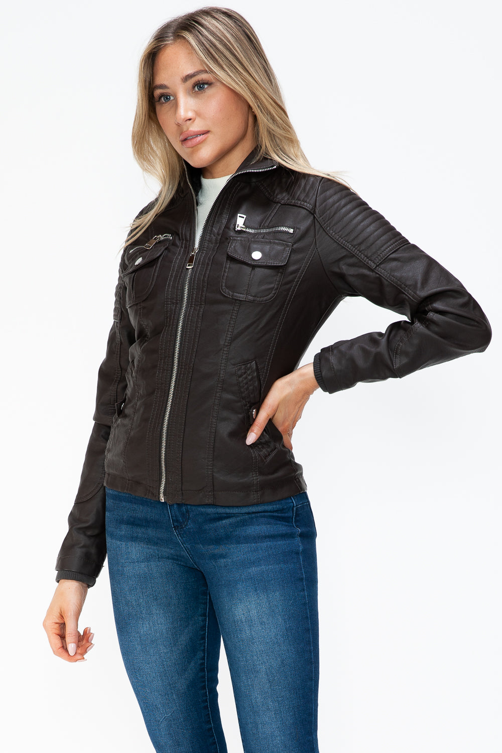 Removable Faux Layered Multi-Pocket Jacket with Fuzzy Hood