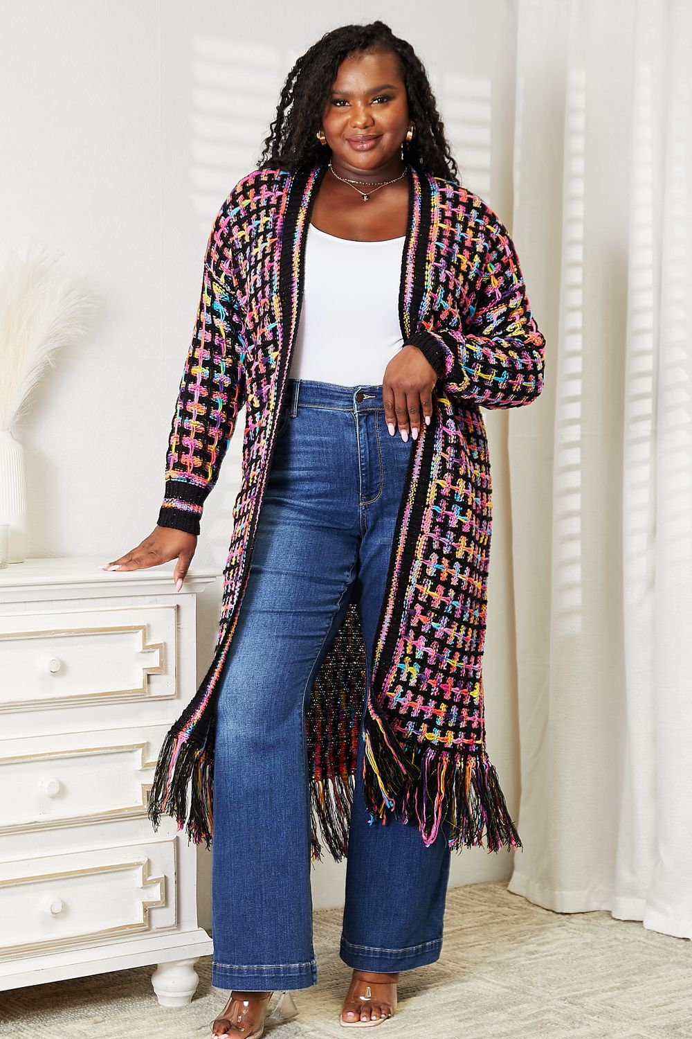 Multicolor Open Front Fringe Hem Cardigan