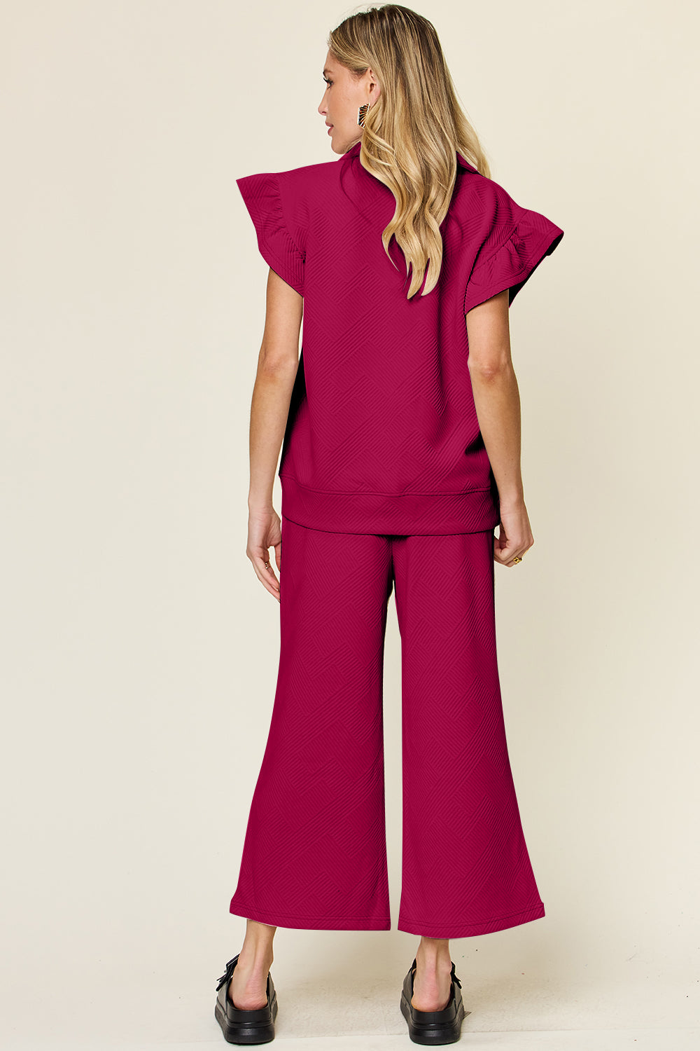 Textured Ruffle Short Sleeve Top and Drawstring Wide Leg Pants Set