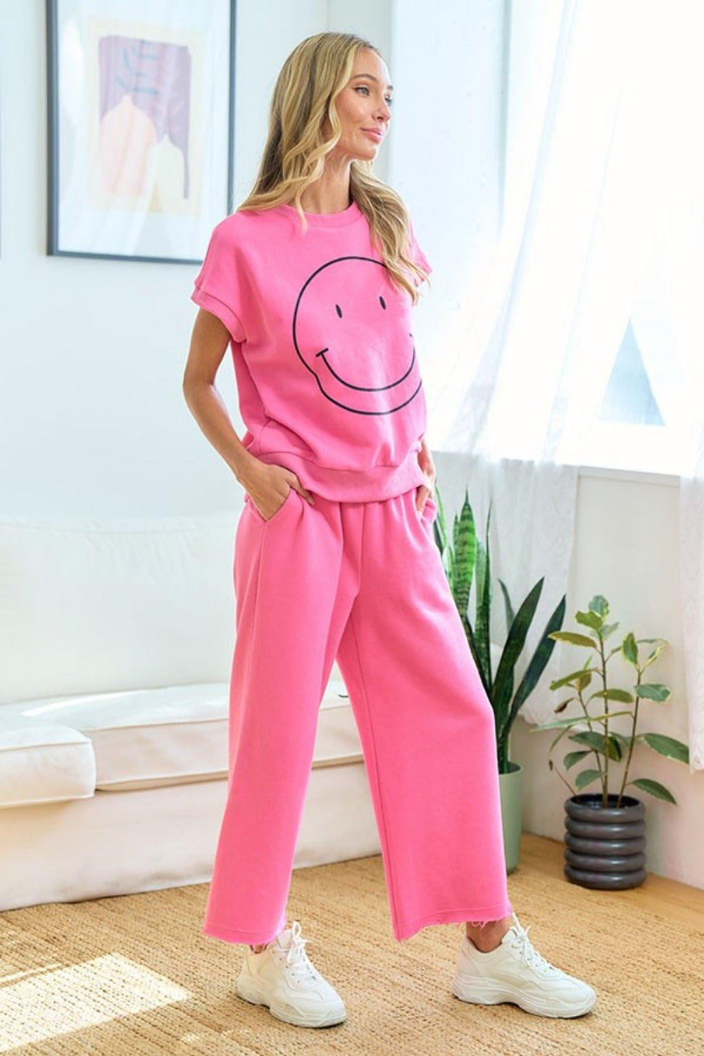 Smiley Face Drop Shoulder Brushed Inside T-Shirt