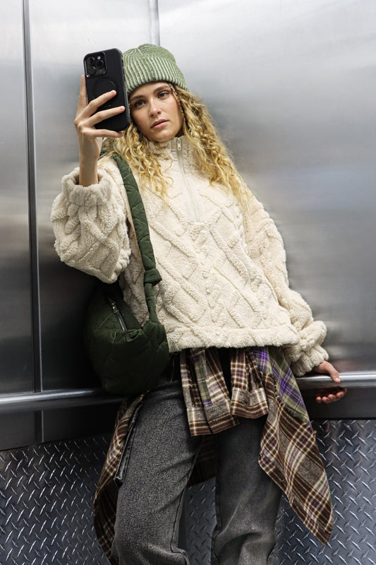 Fuzzy Fleece Half Zip Cable  Sweatshirt