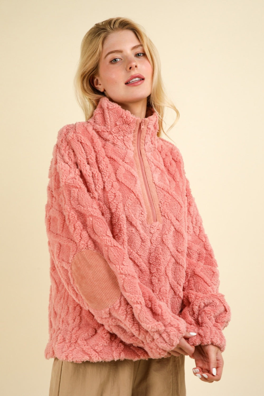 Fuzzy Fleece Half Zip Cable Sweatshirt