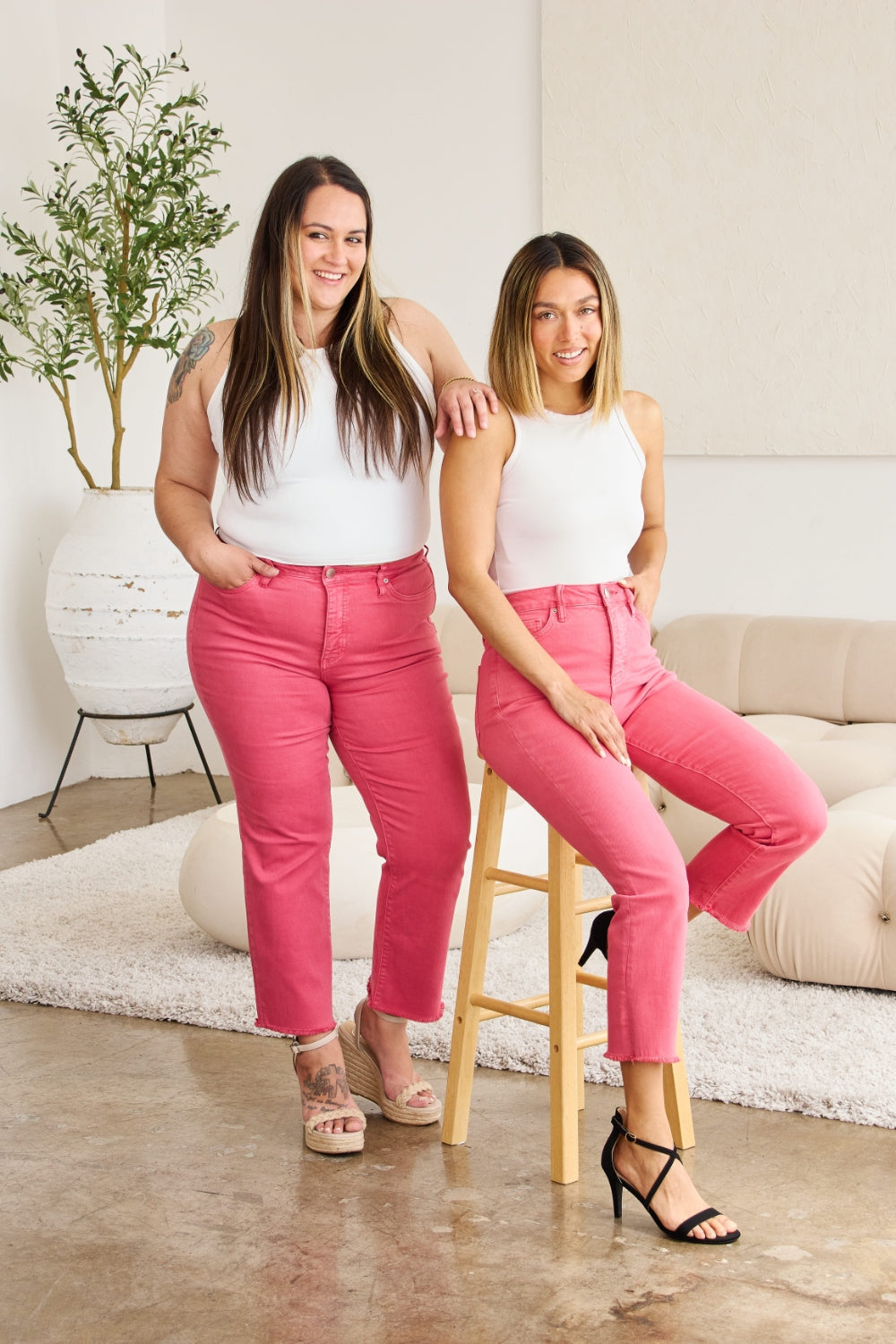 Cropped Tummy Control High Waist Raw Hem Jeans