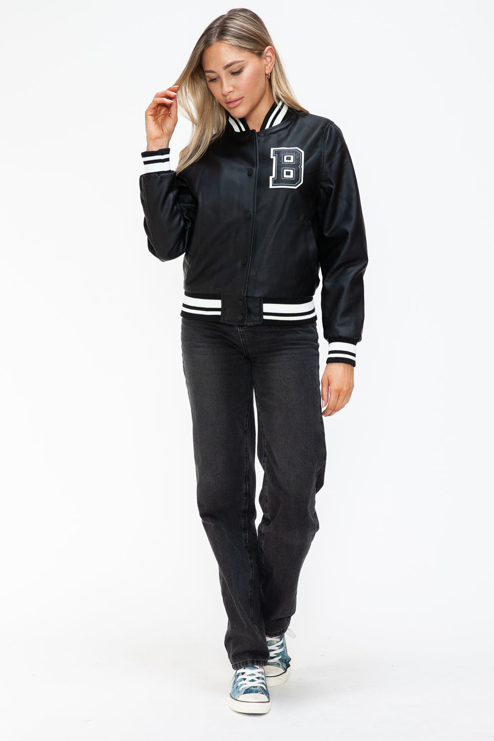 PU Leather Contrast Snap Down Bomber Jacket