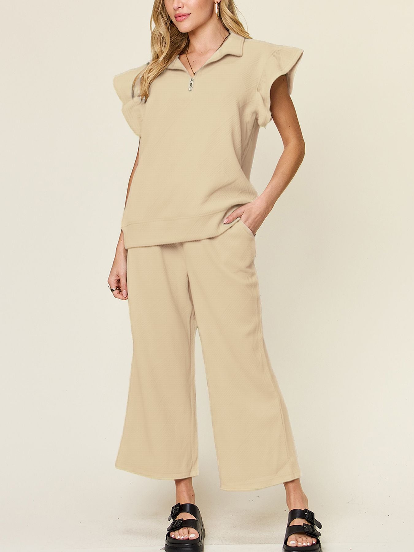 Textured Ruffle Short Sleeve Top and Drawstring Wide Leg Pants Set