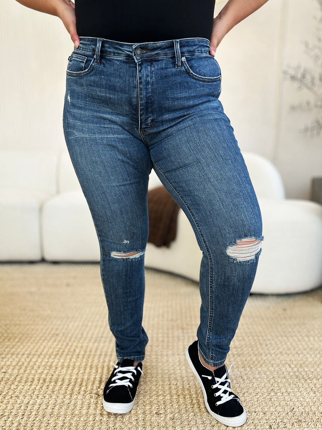 Mid Waist Distressed Slim Jeans