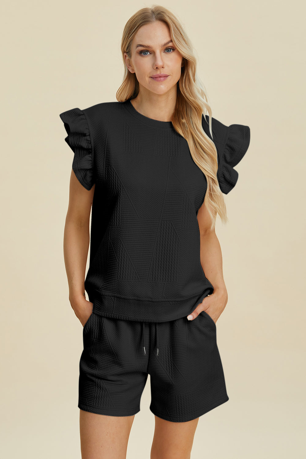 Textured Round Neck Ruffle Sleeve Top and Shorts Set