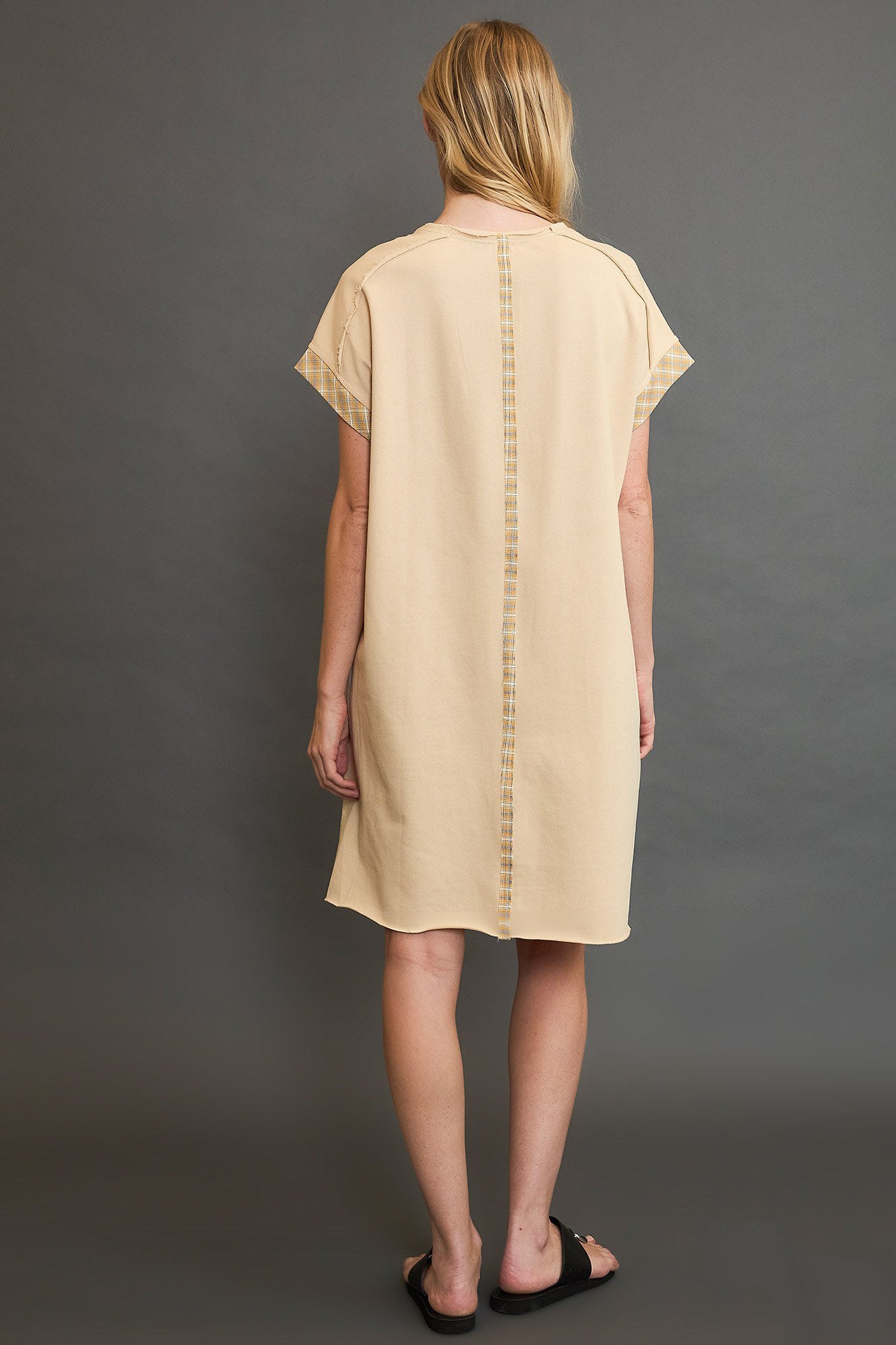 Peace Plaid Applique Short Sleeve Mini Dress